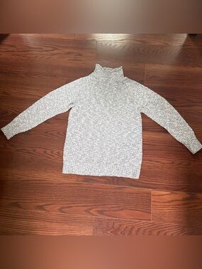 LL Bean 100% Cotton Ragg Sweater, Funnelneck Pullover White and Grey, XS